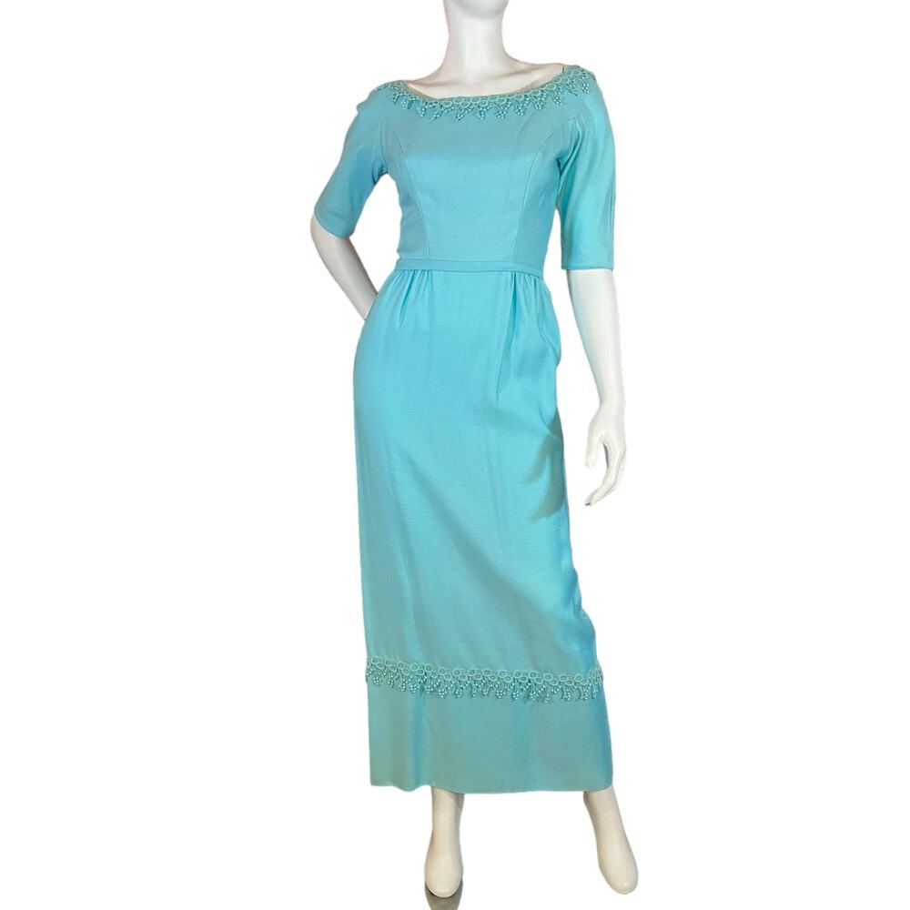 Vintage 1950s Robin Egg Blue Cocktail Dress Harry Keiser Bow Back Gown